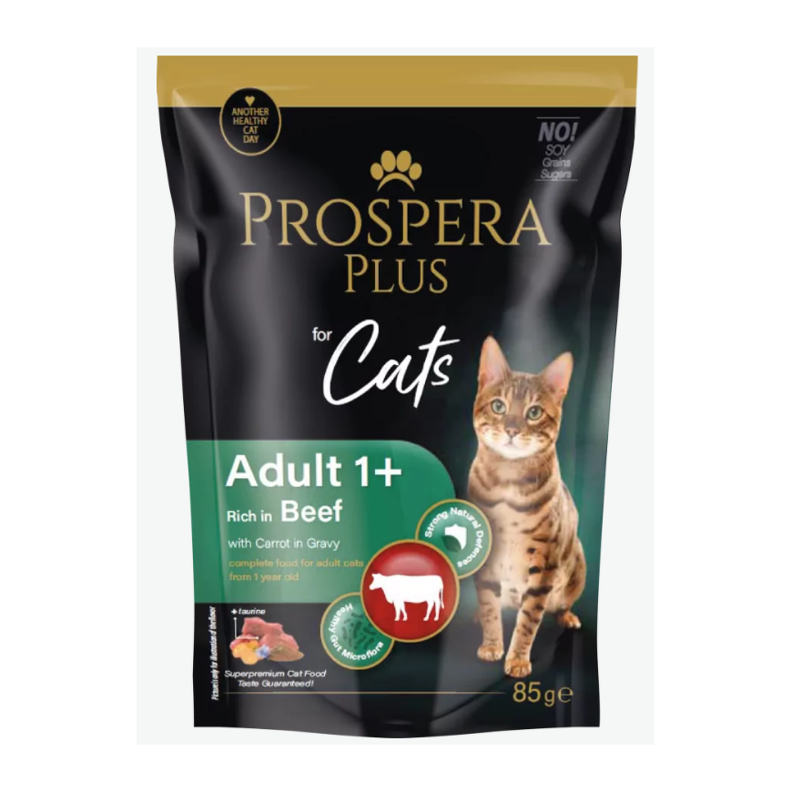 Konservi kaķiem - Prospera Plus, Cat Pouch Adult 1+, Beef and Ca