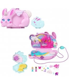Polly Pocket 2-in-1 Bunny Fun Compact, Wearable Purse Playset with 2 Dolls & 12 Accessories Including Pets