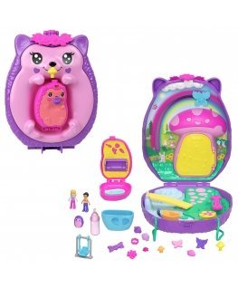 Polly Pocket Hedgehog Mom & Baby Purse Playset with 2 Dolls & 16 Accessories Including Pets