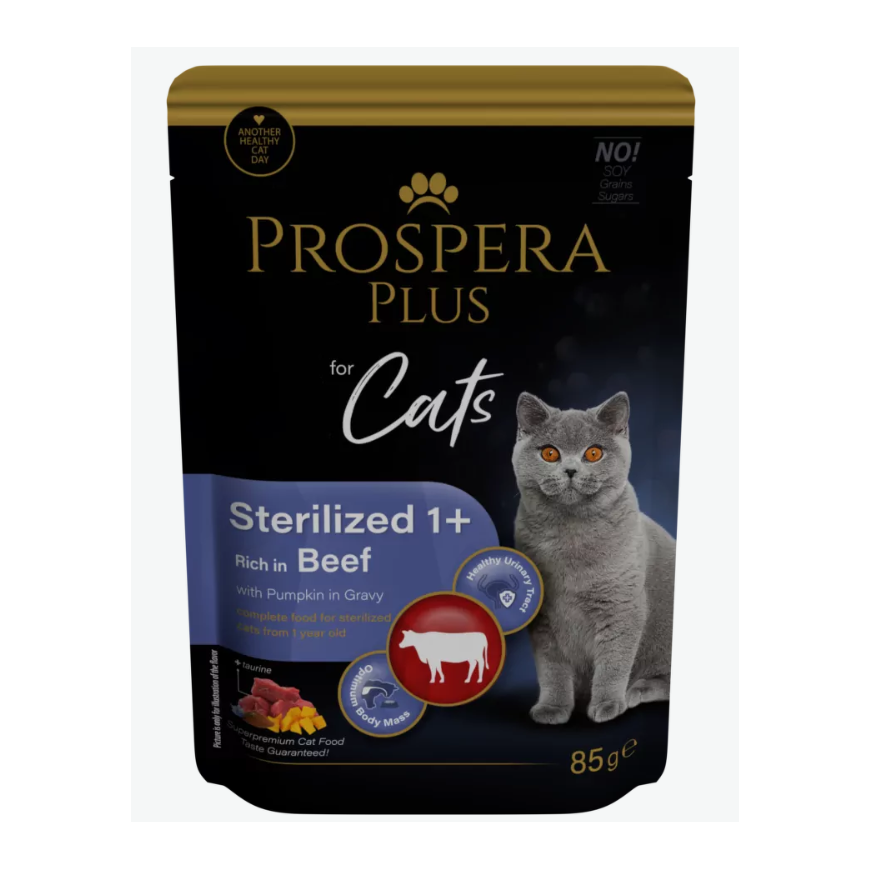 Konservi kaķiem - Prospera Plus, Cat Pouch Sterilized 1+, Beef a