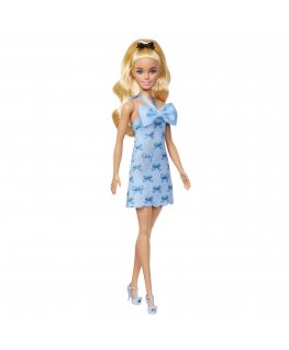 Barbie Fashionistas Doll 237 in Blue Bow Halter Dress, Blonde Ponytail with Bow Accessory