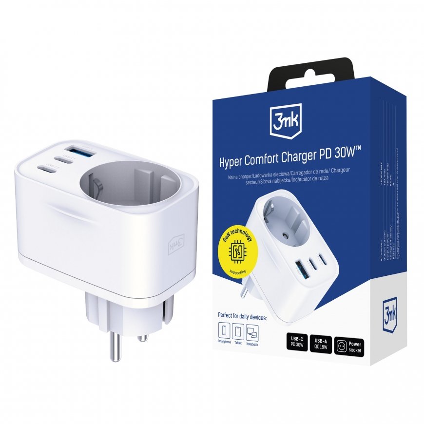 Winner Group WG - GaN Network Charger 3x USB, 1x USB-A 30W + 2x USB-C 65W, white
