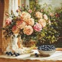 luca S Kryželiu -kirjontasarja "Maljakko ruusuilla ja mustikoilla" 22 x 22 cm SG719