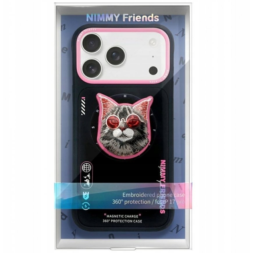 NIMMY maciņš GLASSES COOL CAT, saderīgs ar „MagSafe“, paredzēts IPHONE 17, melns, rozā – 2