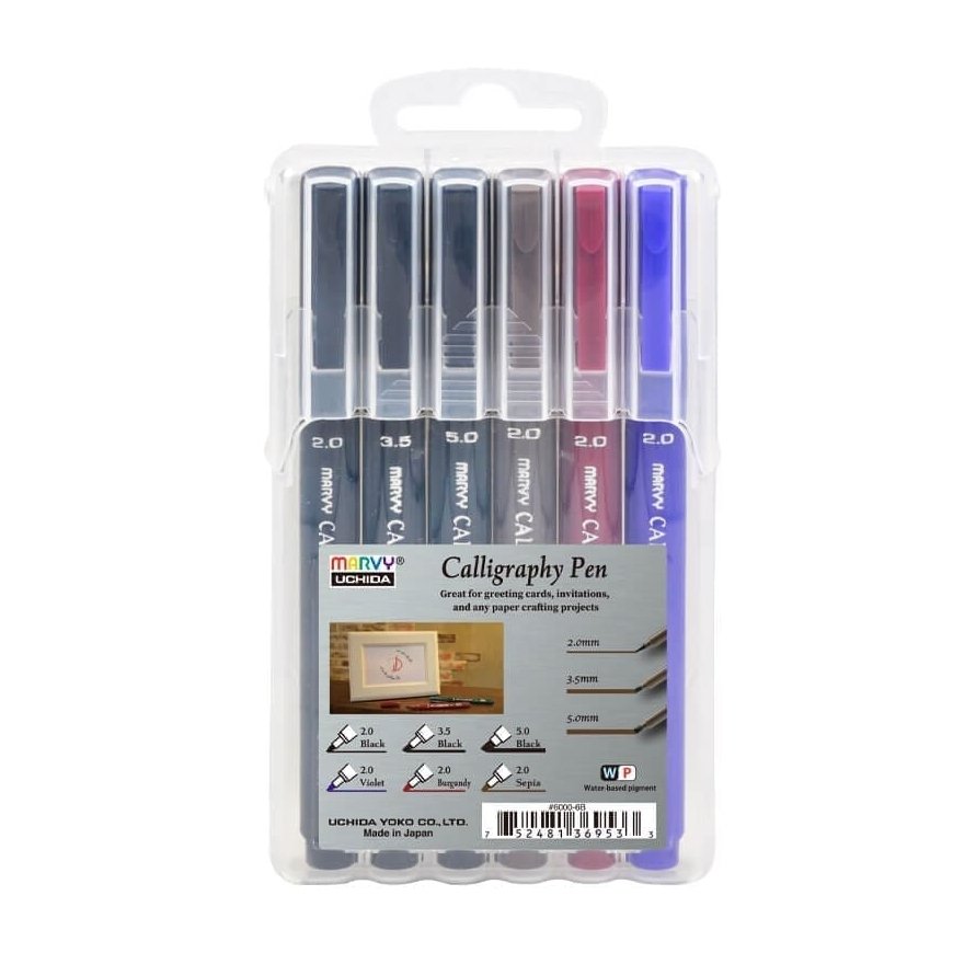 Colored Calligraphy Pens Marvy Calligraphy 6000-6BX 3 different lines, 6 pcs.