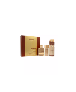 Al Haramain "Amber Oud Gold Edition Extreme" set with perfume extract (75 ml) + perfume extract (30 ml) + deodorant (200 ml)