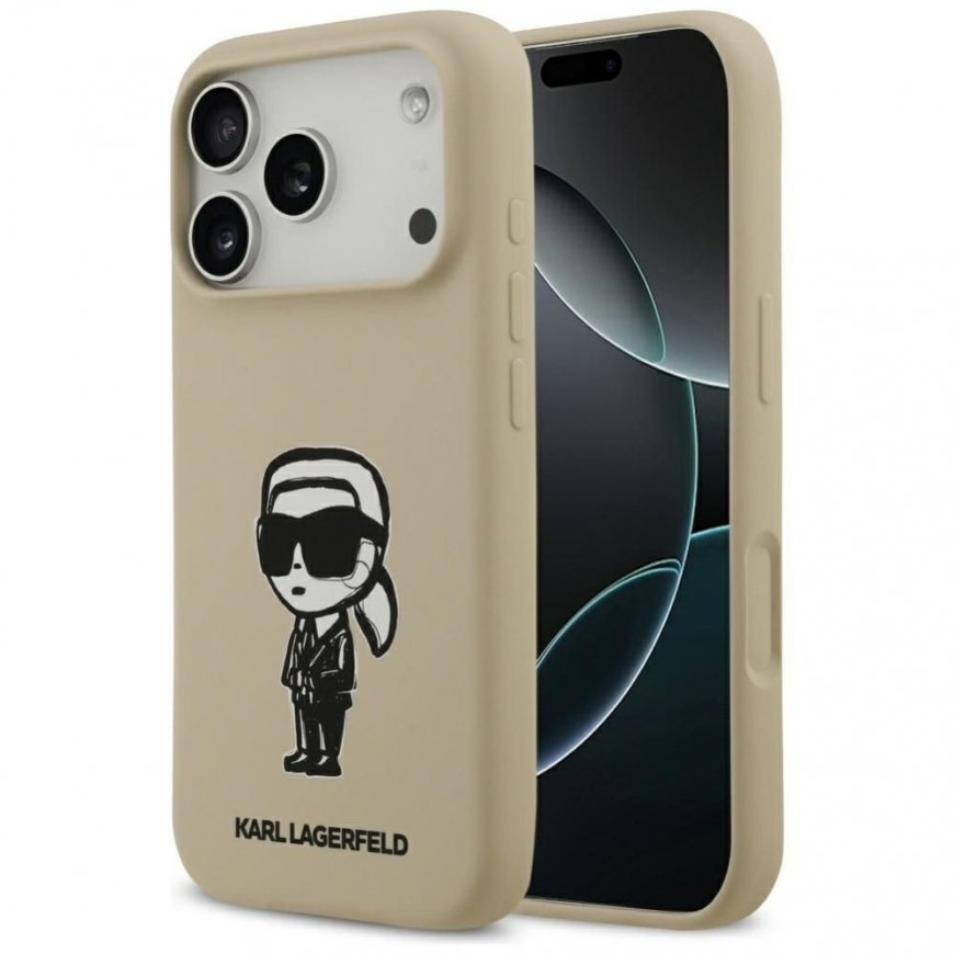 Apple KARL LAGERFELD uzpurnis IPHONE 17 Pro, saderīgs ar MagSafe KLHMP17LSKIGROW (silikons ar KL zīmējumu un logo) brūns.