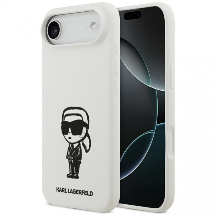 Apple KARL LAGERFELD dėklas IPHONE 17 Air, suderinamas su MagSafe KLHMP17MSKIGROH (silikoninis su KL piešiniu ir logotipu), balt