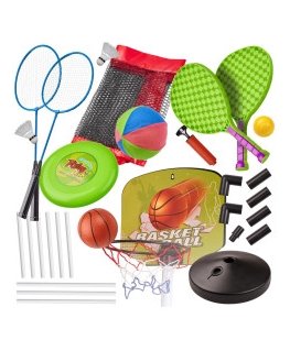 Sportikomplekt 5in1: badminton, korvpall, võrkpall, tennis, frisbee.