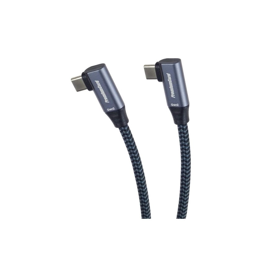 PremiumCord USB-C 2x lenktas kabelis (USB 3.2 GEN 2x2, 5A, 100W, 20Gbit/s), medvilninė apyrankė, 3m