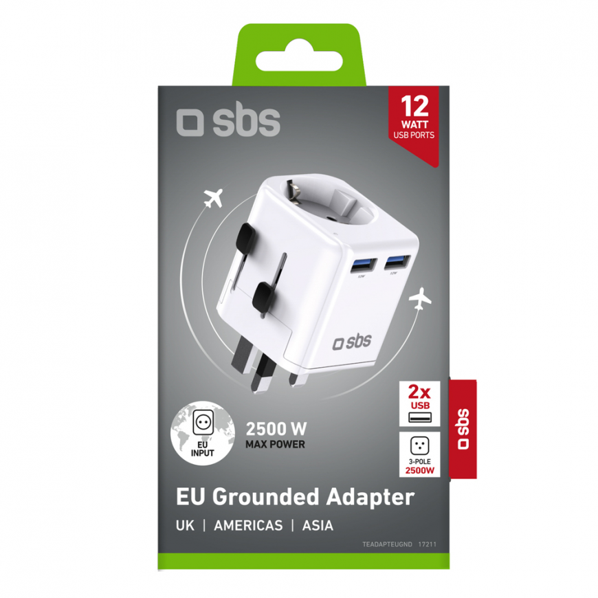 SBS universal travel adapter - EU 2xUSB-A - white – 2