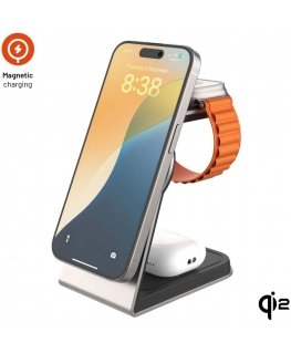 FIXED 3-in-1 Mag ALU Qi2 belaidė MagSafe įkrovimo stotelė, titano spalvos