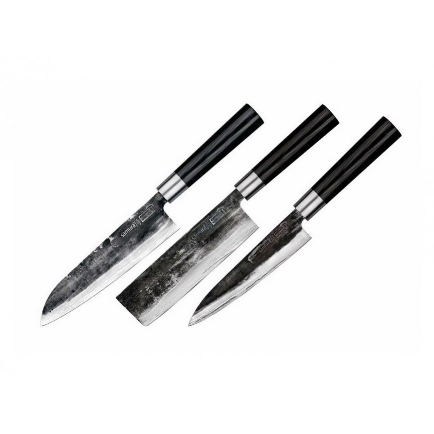 Samura SUPER 5 Set of 3 Knives Utility 162mm / Nakiri 168mm / Santoku 182mm made of AUS 10 Damascus Steel 60 HRC (5 layers)