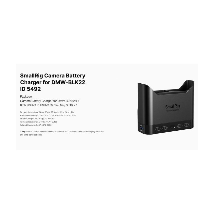 SmallRig 5492 Camera Battery Charger for DMW-BLK22