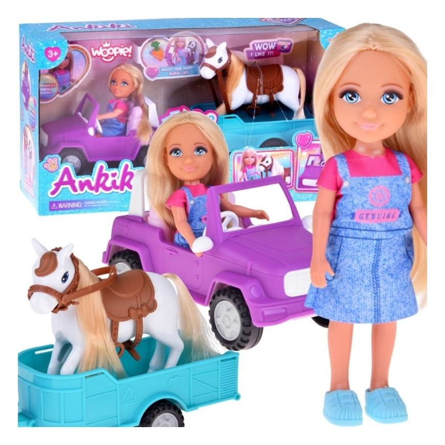 WOOPIE ROYAL Doll Niki Set with Pony, Car, and Trailer