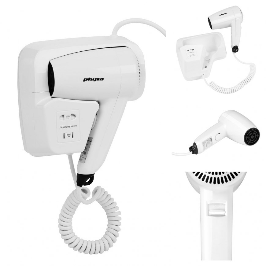 Wall-mounted hotel pool hair dryer, white, 1200W Physa SICCO – 2