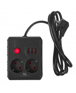 Jaudas sadalītājs MCE387 B 2 kontaktligzdām 3xUSB, 110-240V AC 50/60Hz 2,1A max 2500W, 1,5m melns
