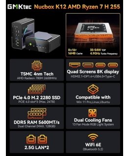 Мини-ПК GMKtec K12 Ryzen 7 H 225 16 ГБ 255 32 ГБ ОЗУ + 1 ТБ SSD WIN 11 Pro