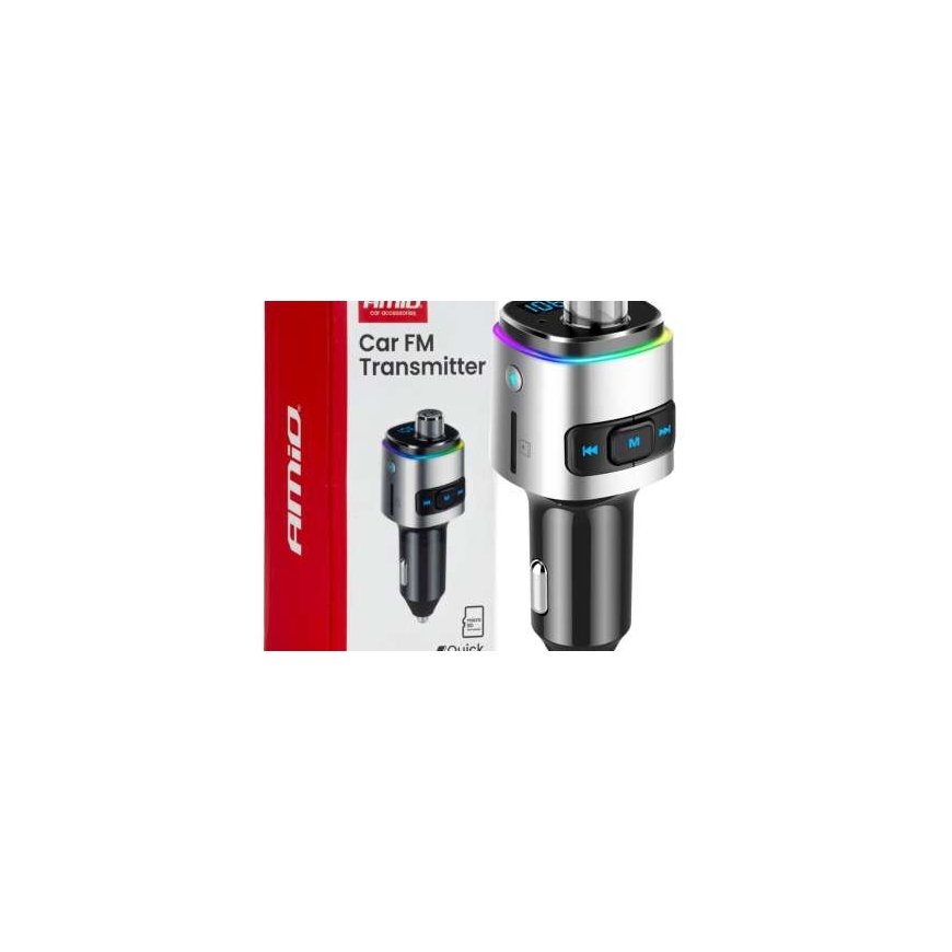 Automobilinis FM siųstuvas 2×USB-A microSD 12V 24V AMIO-04654