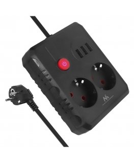Strāvas padeves sloksne MCE388 B, 2 kontaktligzdas 3xUSB, 110-120V AC 50/60Hz, 2.1A maksimāli 2500W, 3m melna