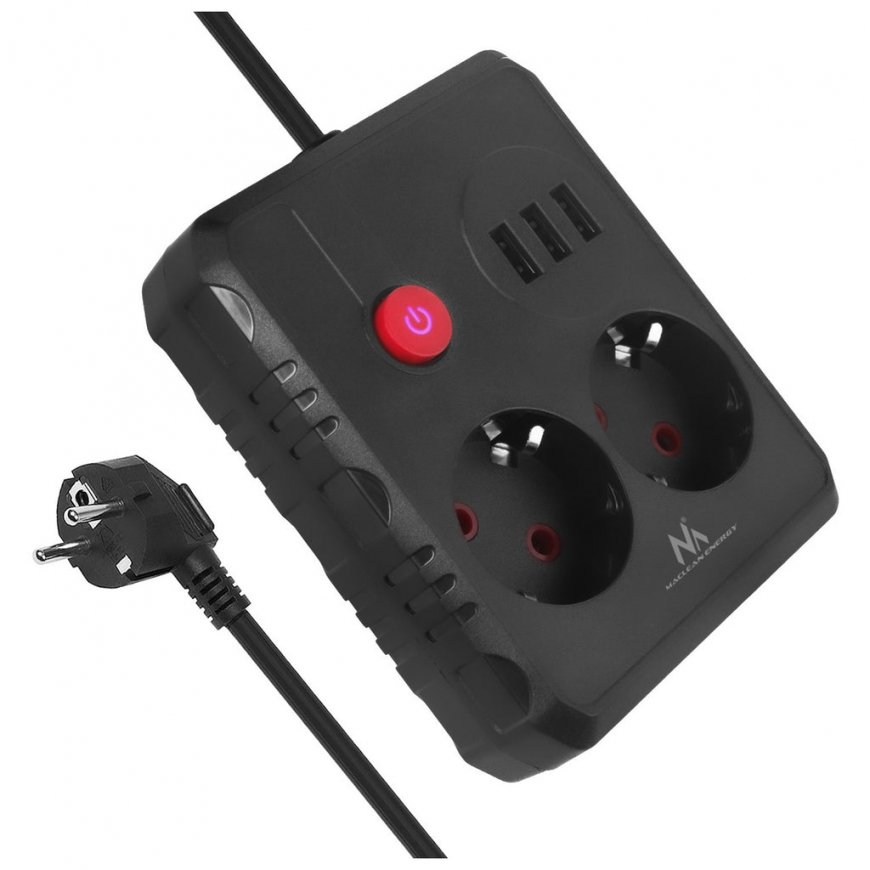 MCE388 B prailgintuvas, 2 lizdai 3xUSB, 110-120V AC 50/60Hz, 2.1A max 2500W, 3m juodas