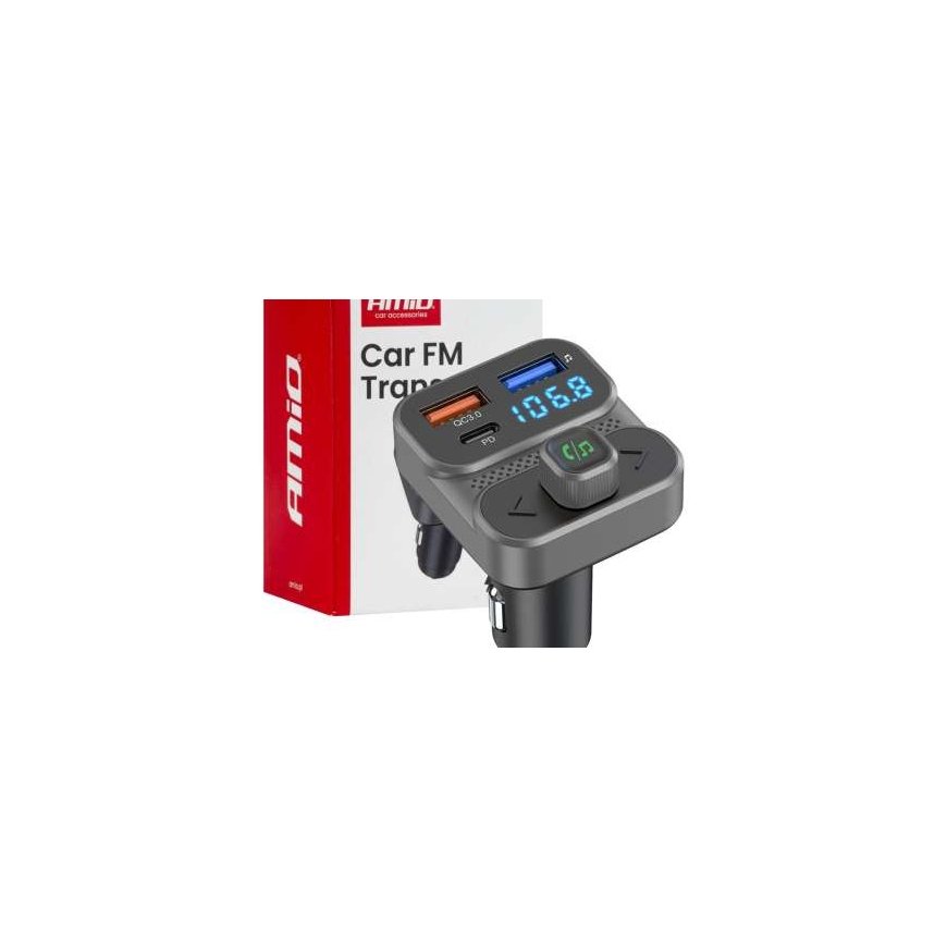 Automaattinen FM-lähetin 2×USB-A 1×USB 12V 24V amio-04649