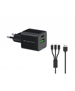Conceptronic 2-Port 33W GaN USB PD Charger with 3-in-1 Charging Cable, USB-C x 1, USB-A x 1, QC 3.0, PPS