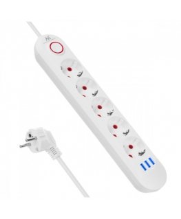 Jaudas padevējs 5 kontaktligzdām MCE395 W 3xUSB, 110-240v AC 50/60Hz, 2,1A maksimāli 2500W, balts