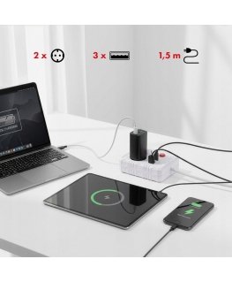 Power strip 2 sockets MCE387 W 3xUSB, 110-240V AC 50/60Hz, 2.1A max 2500W, 1.5m white