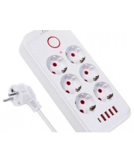 Toitepank MCE391, 6 pesa, 4xUSB, 110-240V AC, 50/60Hz, maksimaalne 2.1A, 2500W, valge