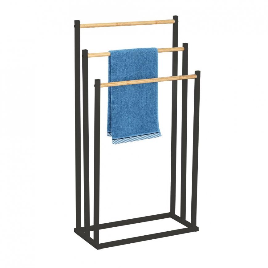Rankšluostis rack / triple stand juodas su bambuku 45x22x85 cm spalvotas dėžutė