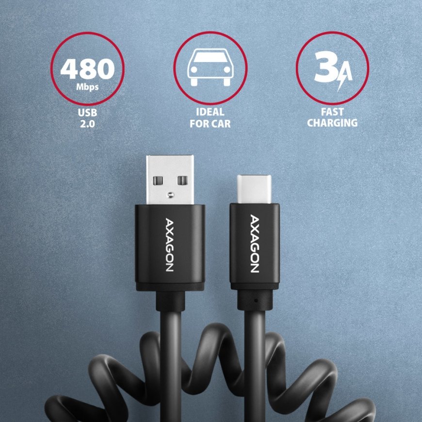 Axagon Data and charging USB 2.0 cable length 1.1 m. 3A. Black twisted. USB cable USB A USB C – 2