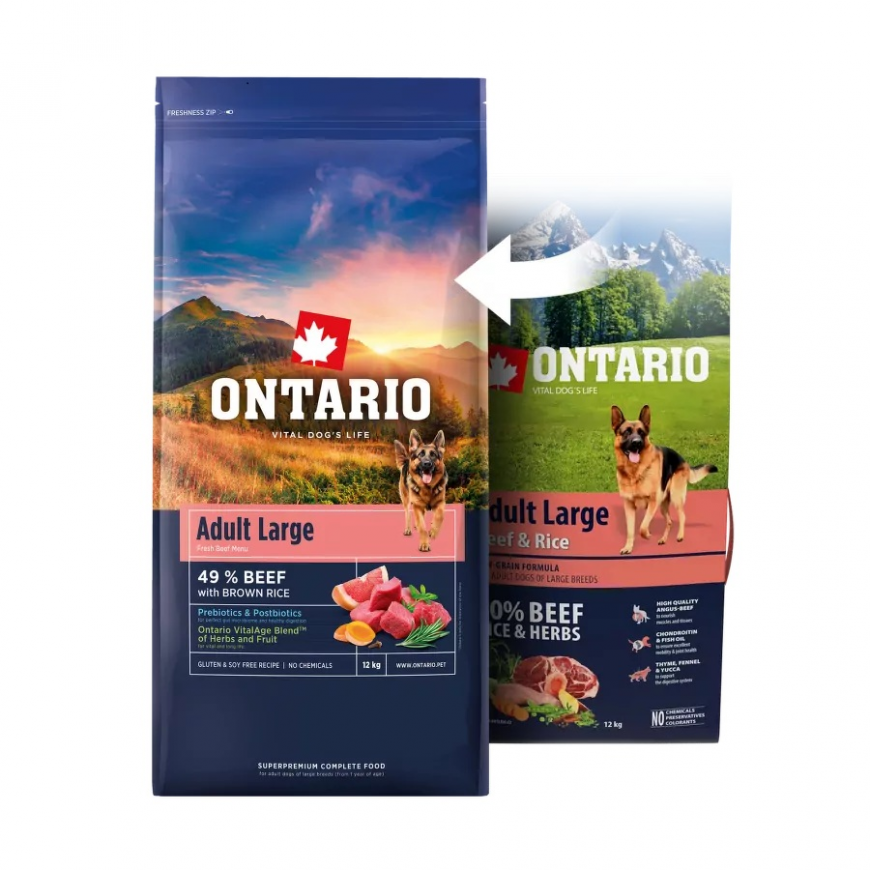 Barība suņiem – Ontario Adult Large, Beef and Brown Rice, 2,25 k – 2