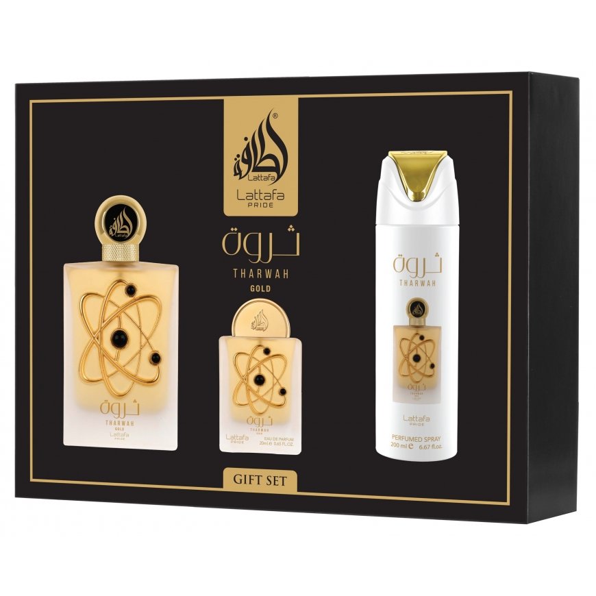 Set Lattafa Tharwah Gold EDP 100ml + EDP 20ml + Deodorant 200ml