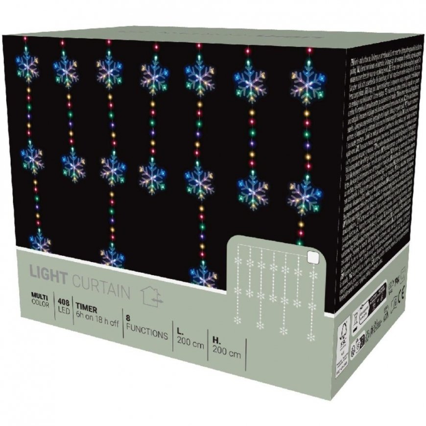 KOOPMAN CHRISTMAS LIGHTS CURTAIN 200x200 CM 408LED SNOWFLAKE MULTICOLOR