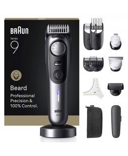 Braun BeardTrimmer 9 BT9560 partatrimmeri Akku 52 2 cm Märkä ja kuiva musta, Hopea