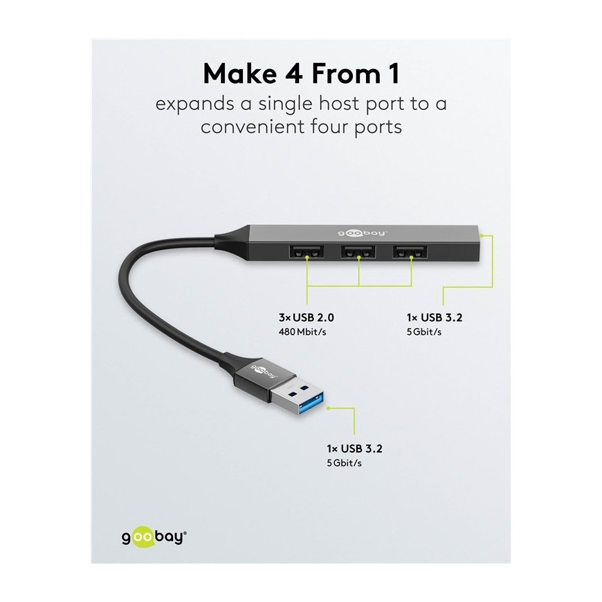 Goobay 74456 interfeisa centrmezgls USB 3.2 Gen 1 (3.1 Gen 1) Type-A 5000 Mbit/s Gaiši Pelēks – 3