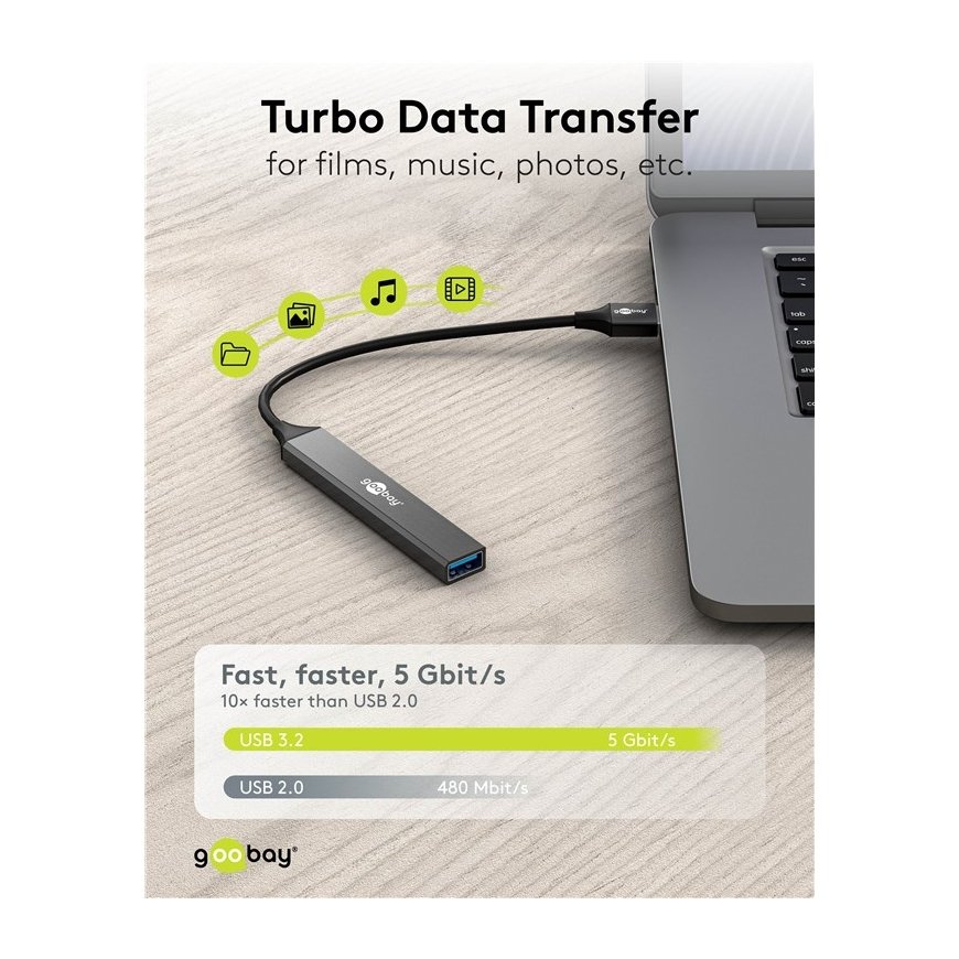 Goobay 74456 sąsajos šakotuvas USB 3.2 Gen 1 (3.1 Gen 1) Type-A 5000 Mbit/ai Šviesiai Žalia – 5