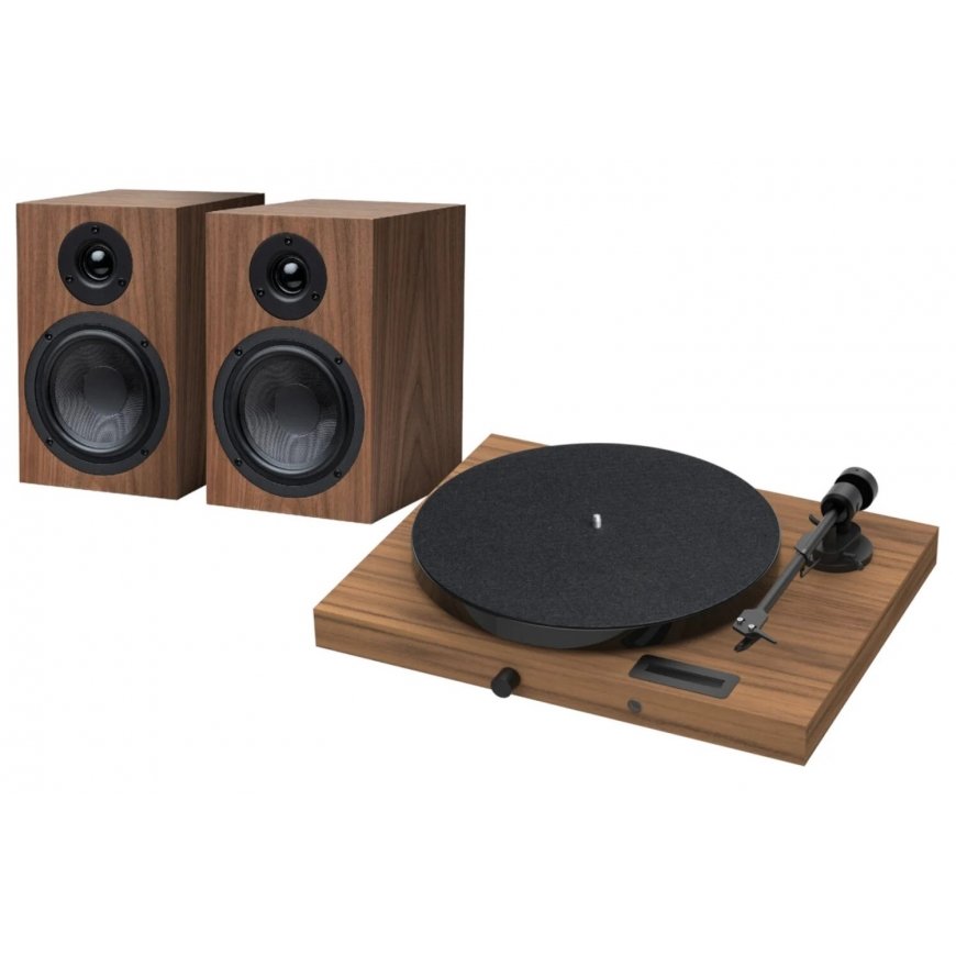 Rinkinys HiFi Pro-Ject JukeBox E1, koka - pilns stereo audio sistēmas komplekts ar gramofonu.