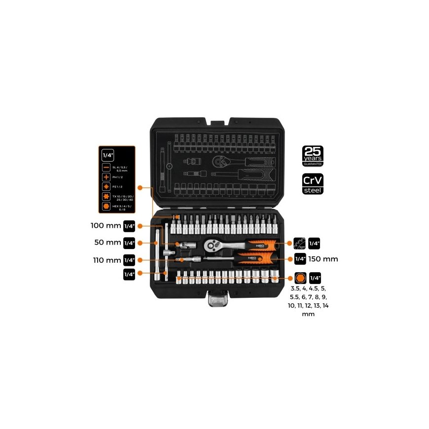 Rinkinio rinktuvas 10-232, 38 vnt, dydis 1/4, dėklas, NEO TOOLS