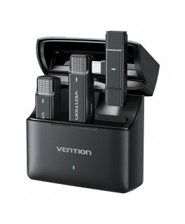 Bezvadu mikrofonu komplekts 2 Vention USB-C ar uzlādes maciņu melns