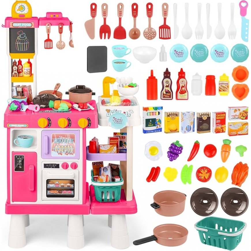 Lean Toys Play Kitchen with Oven, Food, Lights, Sounds, Pink