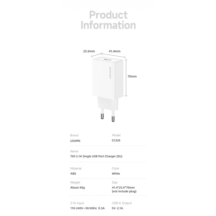 Wall charger USAMS T69 2.1A USB-A white – 2