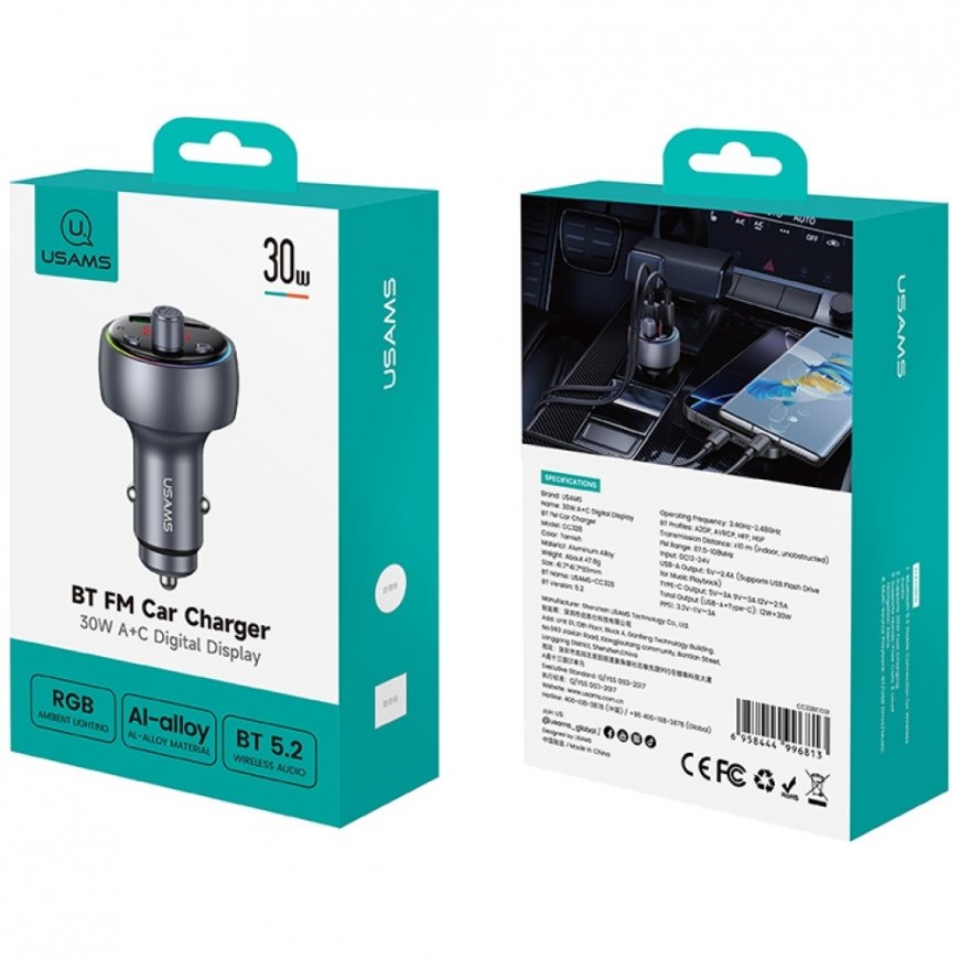 Car charger USAMS CC328 30W 1xUSB-A 1xUSB-C Bluetooth FM tarnish – 2