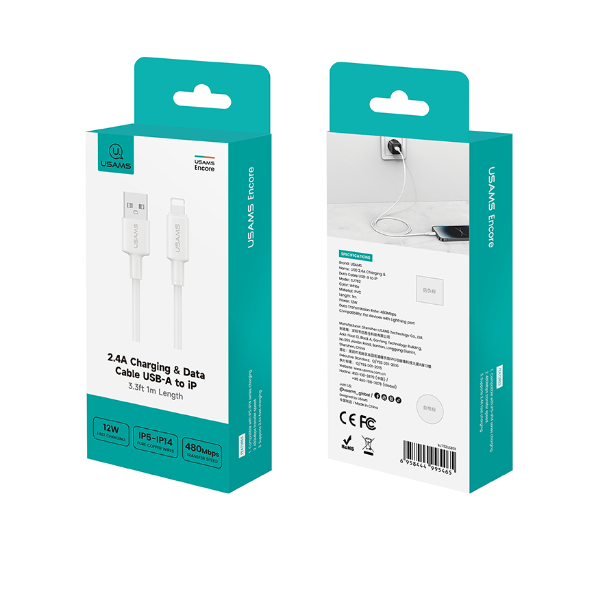USAMS U90 cable 2.4A USB-A to Lightning white
