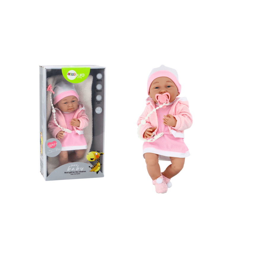 Lean Toys kūdikio lėlė su antklodė, balta ir rožinė apranga, skrybėlė, 18 cm – 2