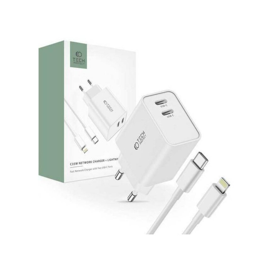 Tech-Protect C35W 2x USB-C PD 35W seinävirtalähde USB-C / Lightning-kaapelilla – valkoinen – 2