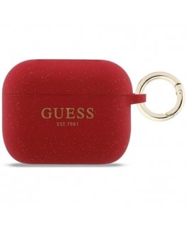 Guess silicone glitter ring case for AirPods Pro 3, fuchsia color.