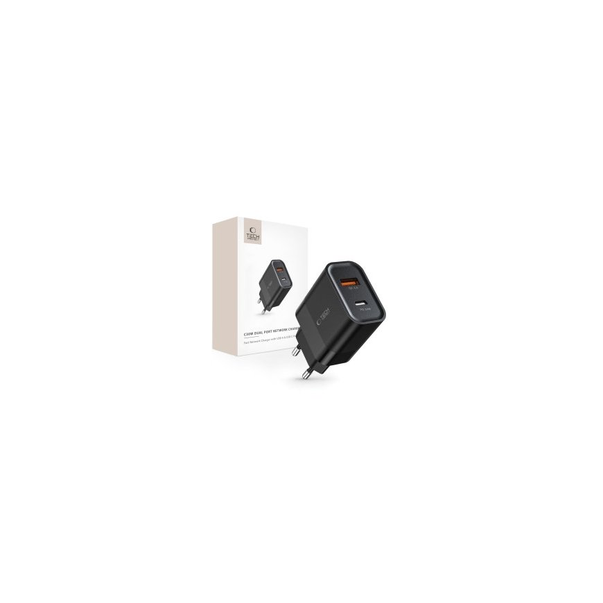 Tech-Protect C30W USB-C PD 30W / USB-A QC 3.0 įkroviklis – juodas – 2