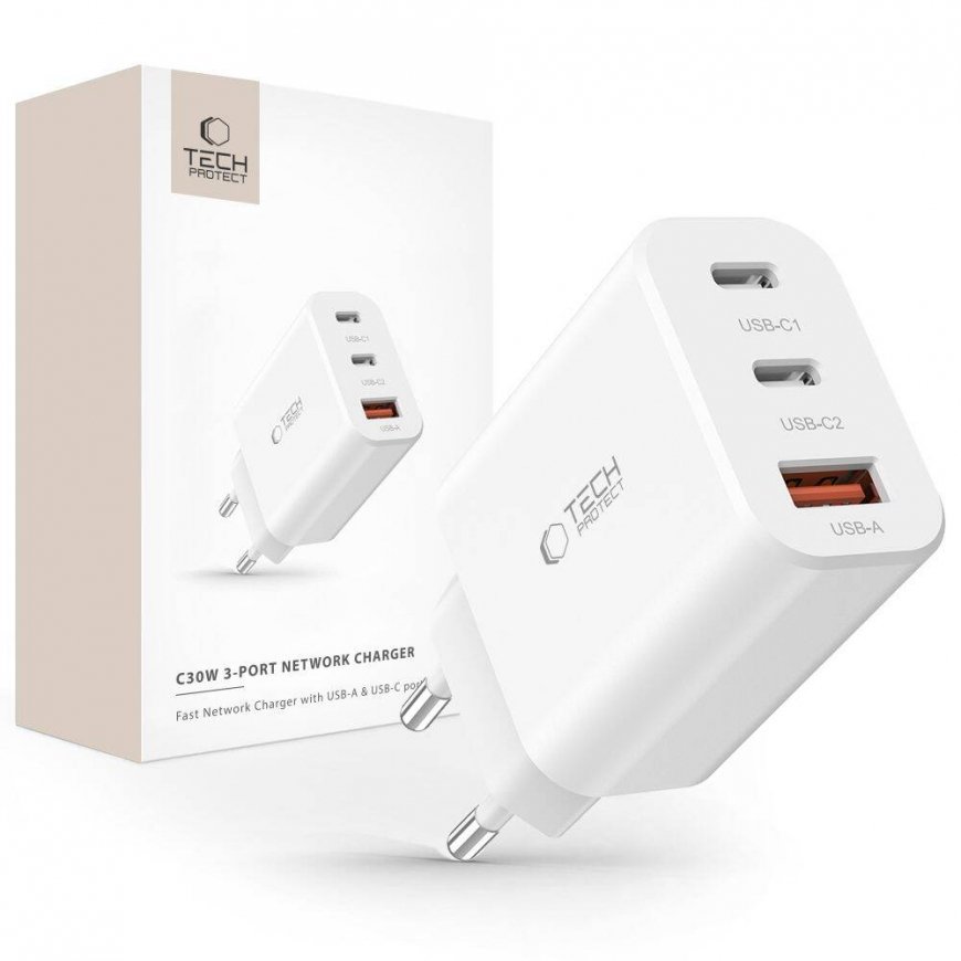 Tech-Protect NC30W laturi 2x USB-C PD 30W / USB-A QC 3.0 - musta